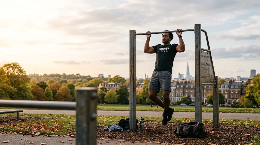 Athlete restarting calisthenics training on a pull up bar after a summer break