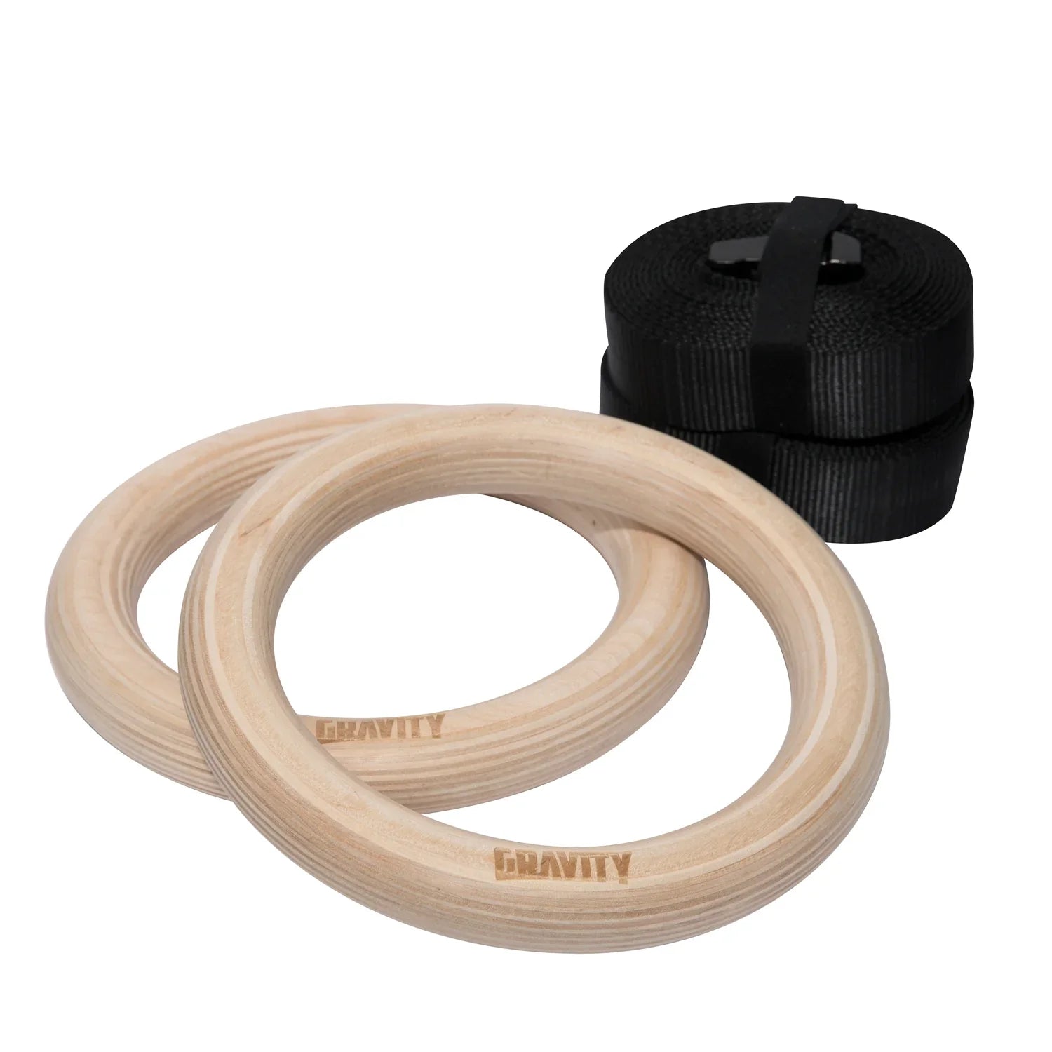 Wooden gymnastics rings with black adjustable straps for calisthenics and bodyweight training